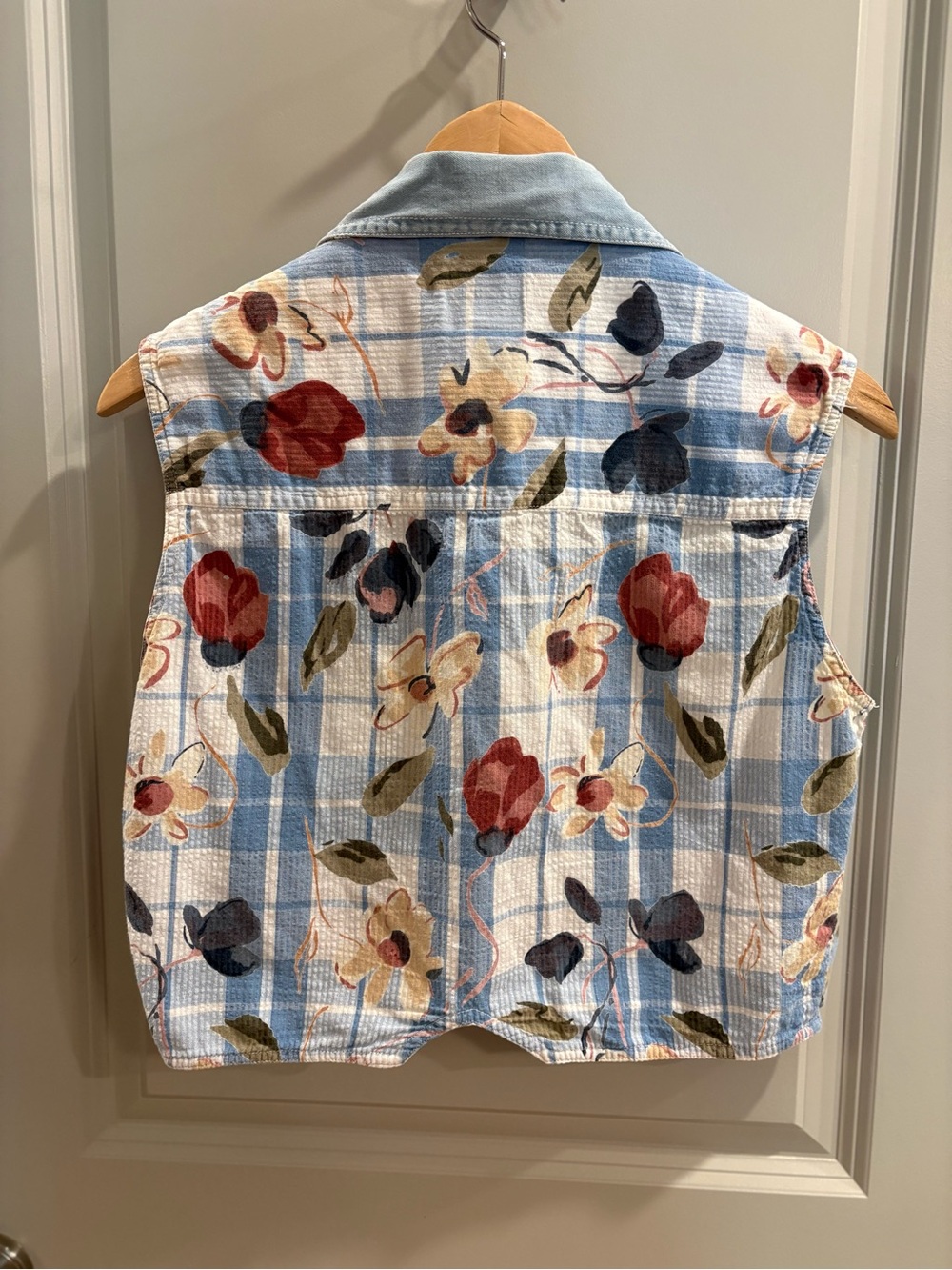 Vintage 90s Cropped Gingham Floral Patchwork Vest Retro Denim Women’s L - Picture 4 of 8